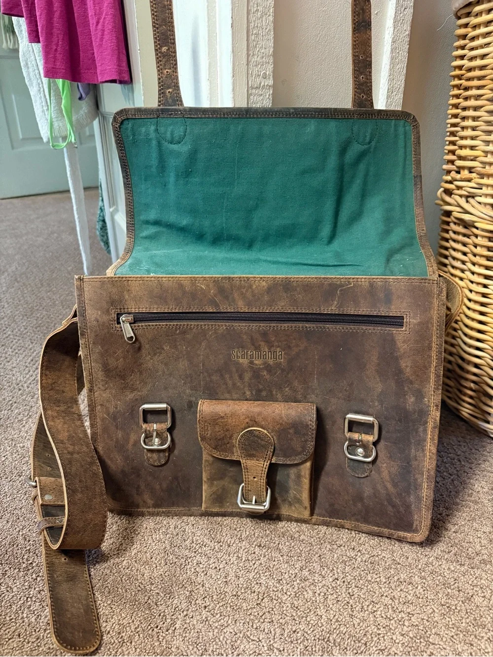 Distressed Brown Leather Briefcase Messenger Bag